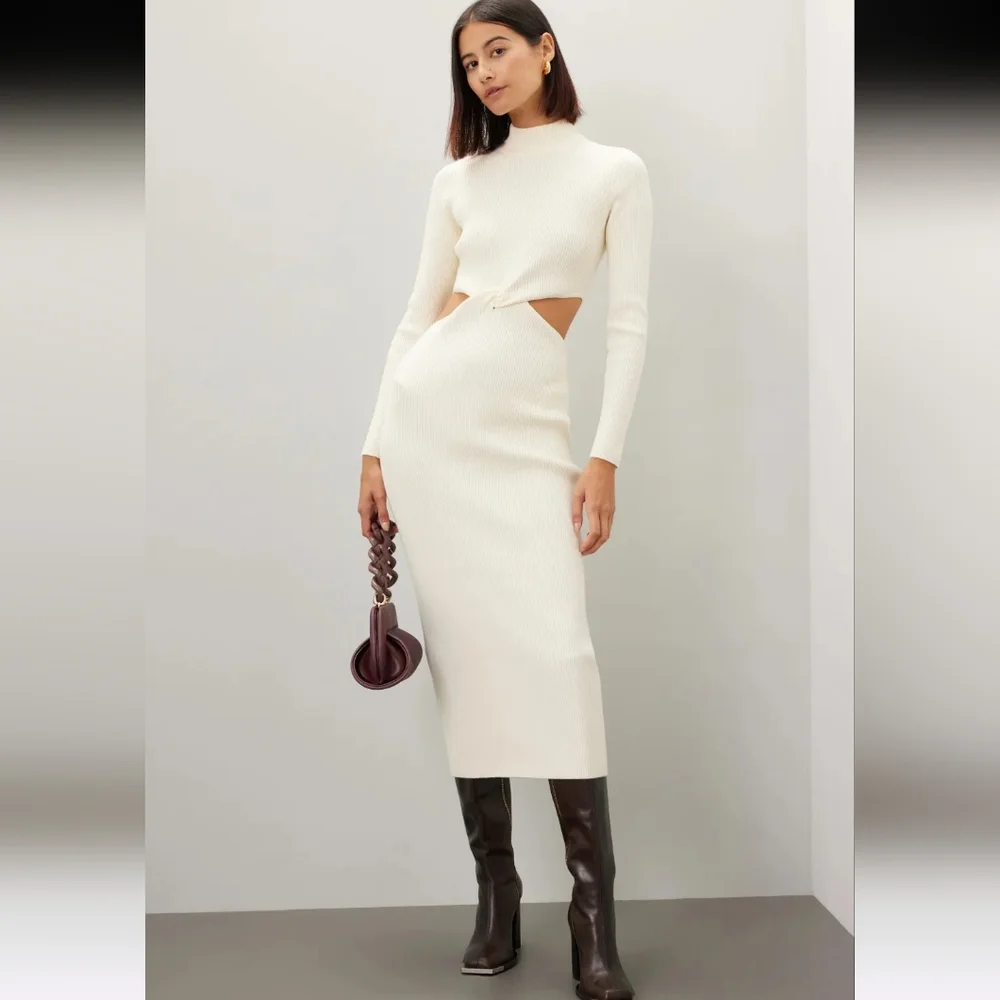 Ronny Kobo Cream Mock Neck Sweater Midi Dress Size XS